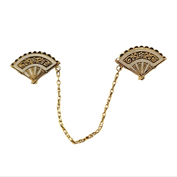Vintage Spanish Damascene Black and Gold Hand Fan Brooch Sweater/Shirt Guard - Picture 1 of 5